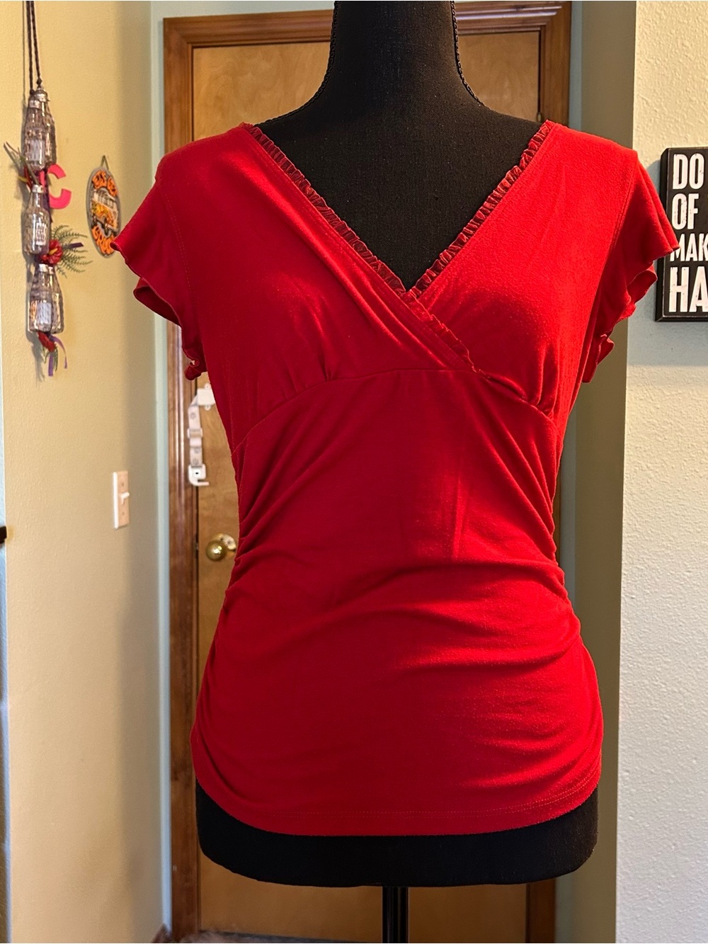 Speechless Y2K red surplice short split sleeve top M ruched ruffles coquette